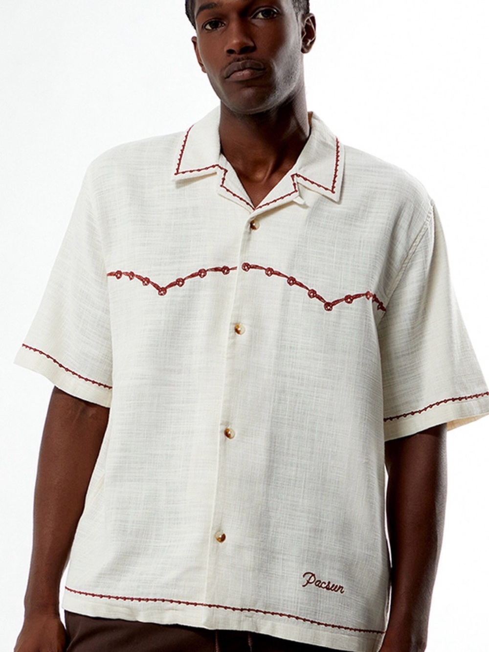 PacSun Men Western Embroidered Camp Shirt Cream Oversized S Coastal Western Y2K